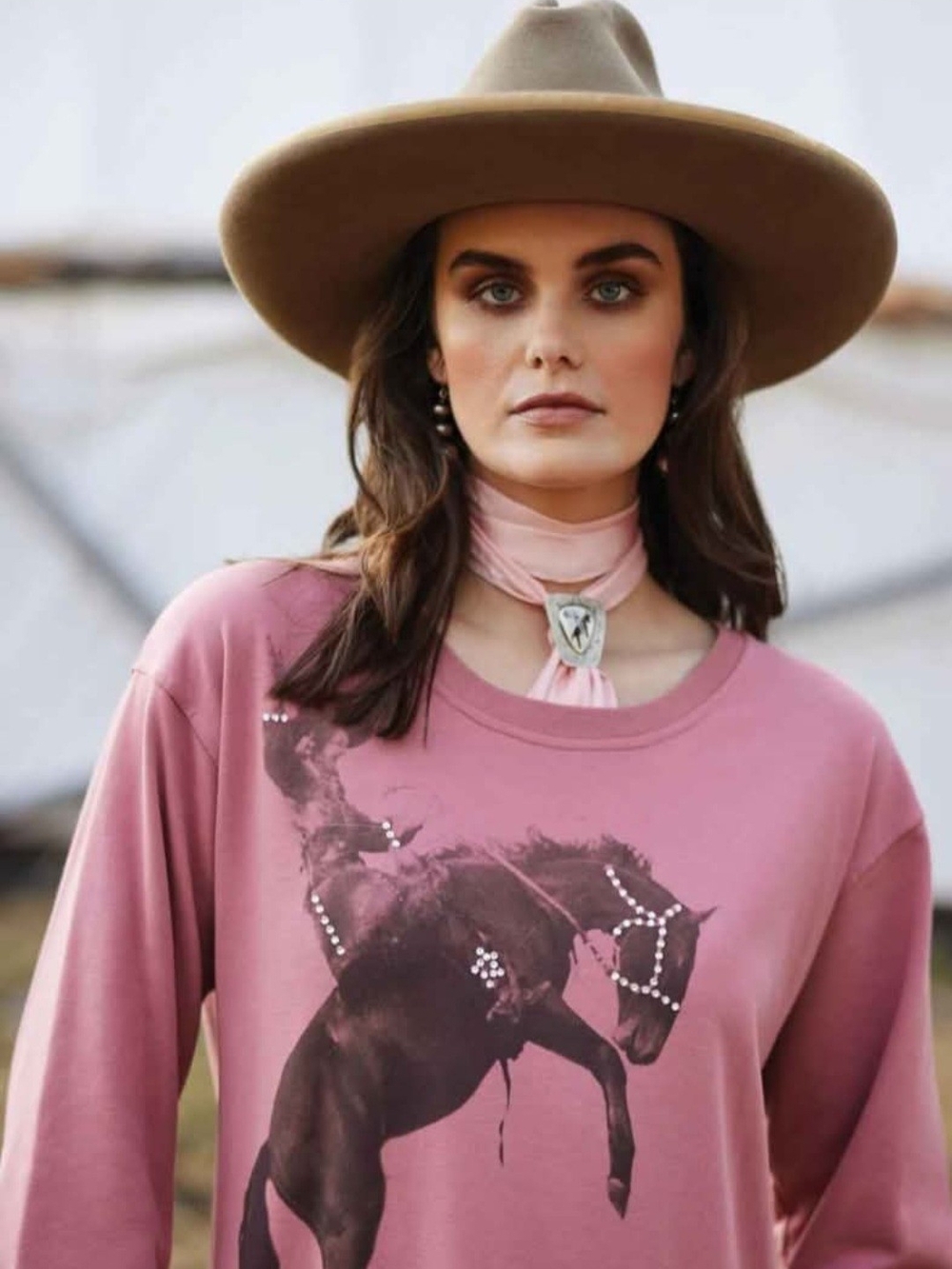 DOUBLE D RANCH Dusty Rose Long Sleeve Top- Western Horse Print